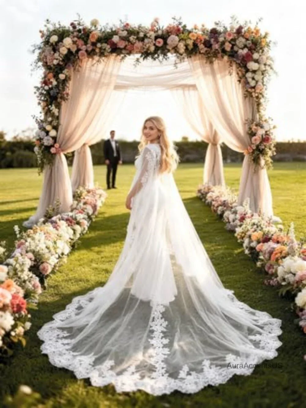 Women Wedding Cape Veil Tulle Lace Applique Long Train Bridal Shawl Cloak